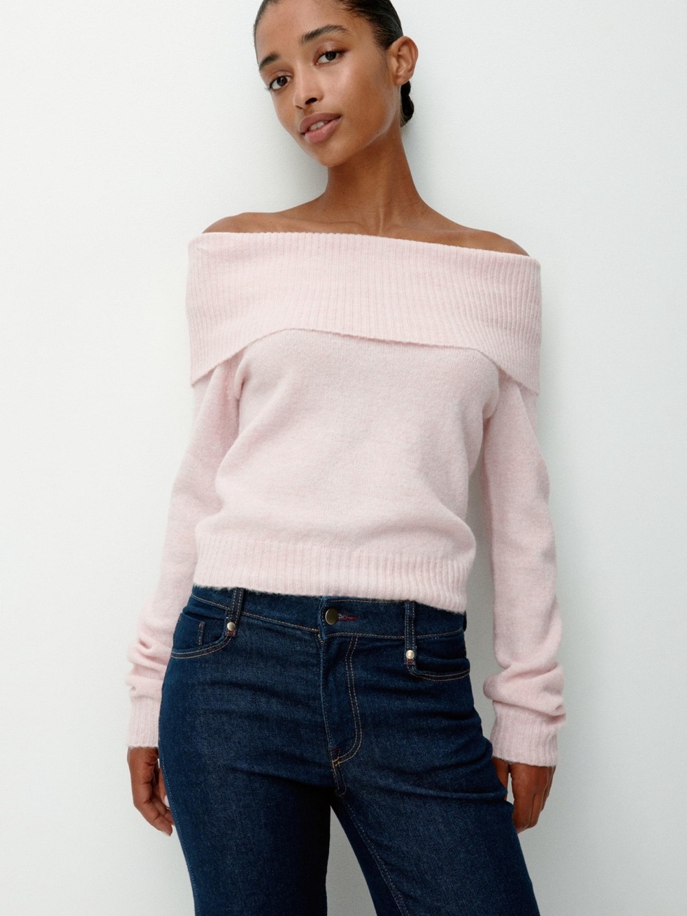 H&M Ribbed Off-Shoulder Sweater in Dusty Pink